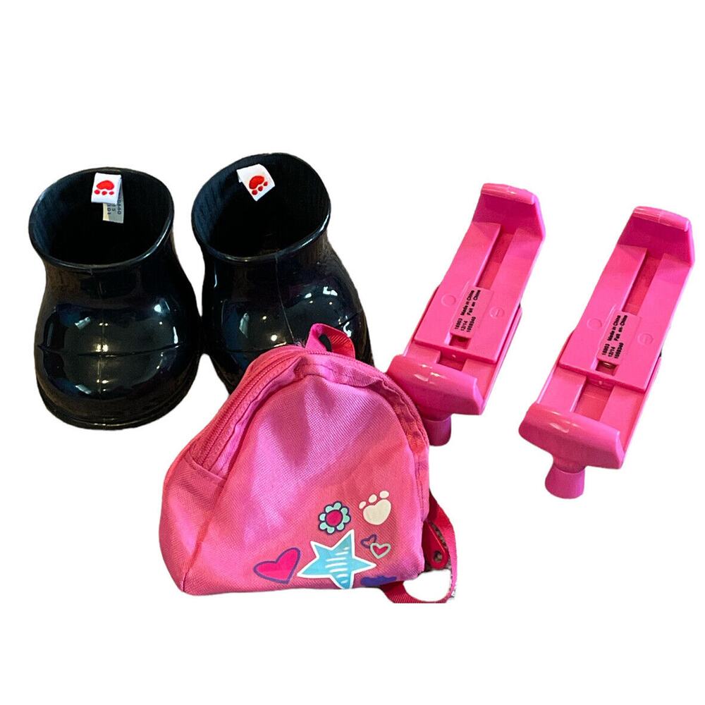 BUILD A BEAR BABW Black Rubber Rain Boots Pink Roller Skates And Backpack